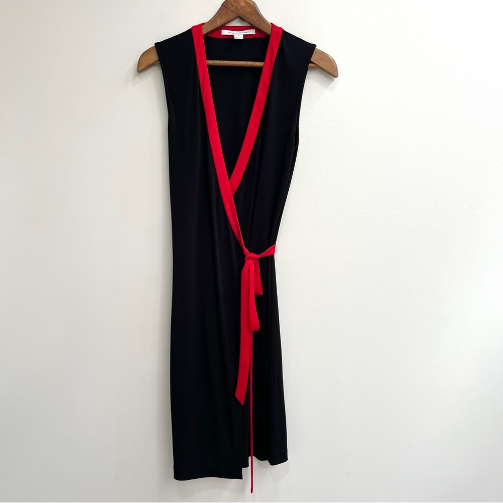 Diane von Furstenberg DVF Valena True Wrap Dress Sleeveless Black Red Trim 10 - Picture 4 of 14